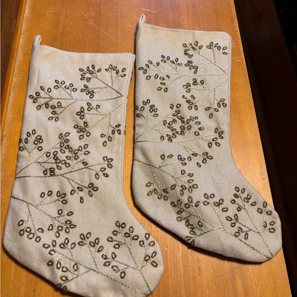 West Elm Other - West Elm Elegant Beige Holiday Stockings with Embroidered Design with Crystals.